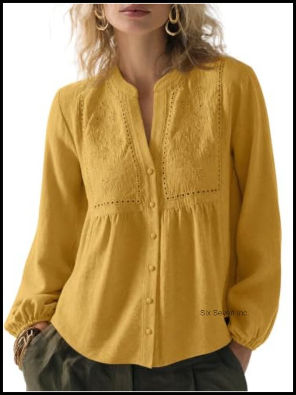Boho Flowy V-Neck Button Down Blouse Long Sleeve Embroidered Top